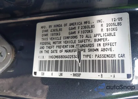 2006 Honda Accord 3.0 Ex from USA, damaged, VIN 1HGCM66806A025342
